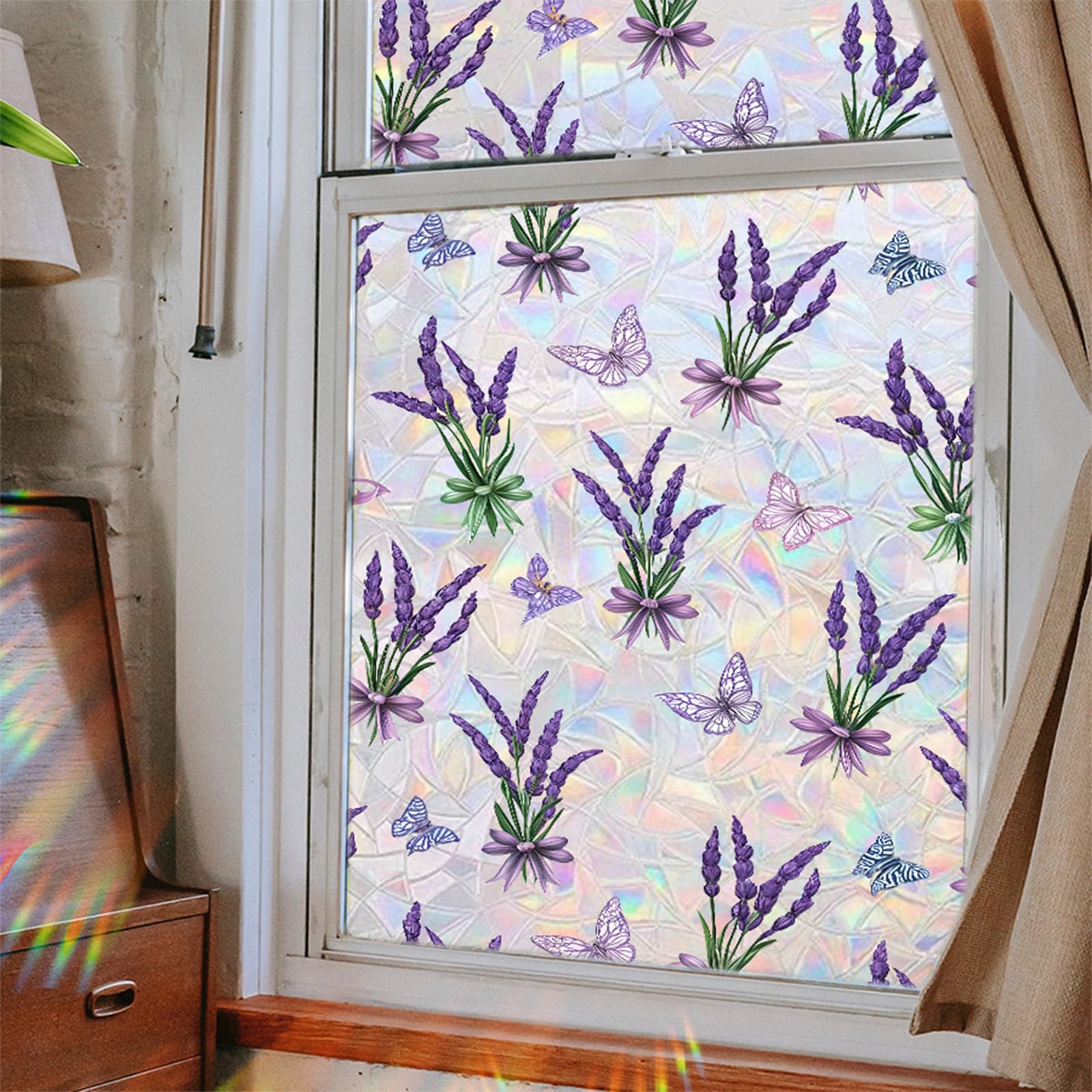 HFhyxin Lavender Window Privacy Film Static Clings Vinyl 3D Decals, Stickers Rainbow Film for Glass Door Heat Control Anti UV 17.7" x 43.3"