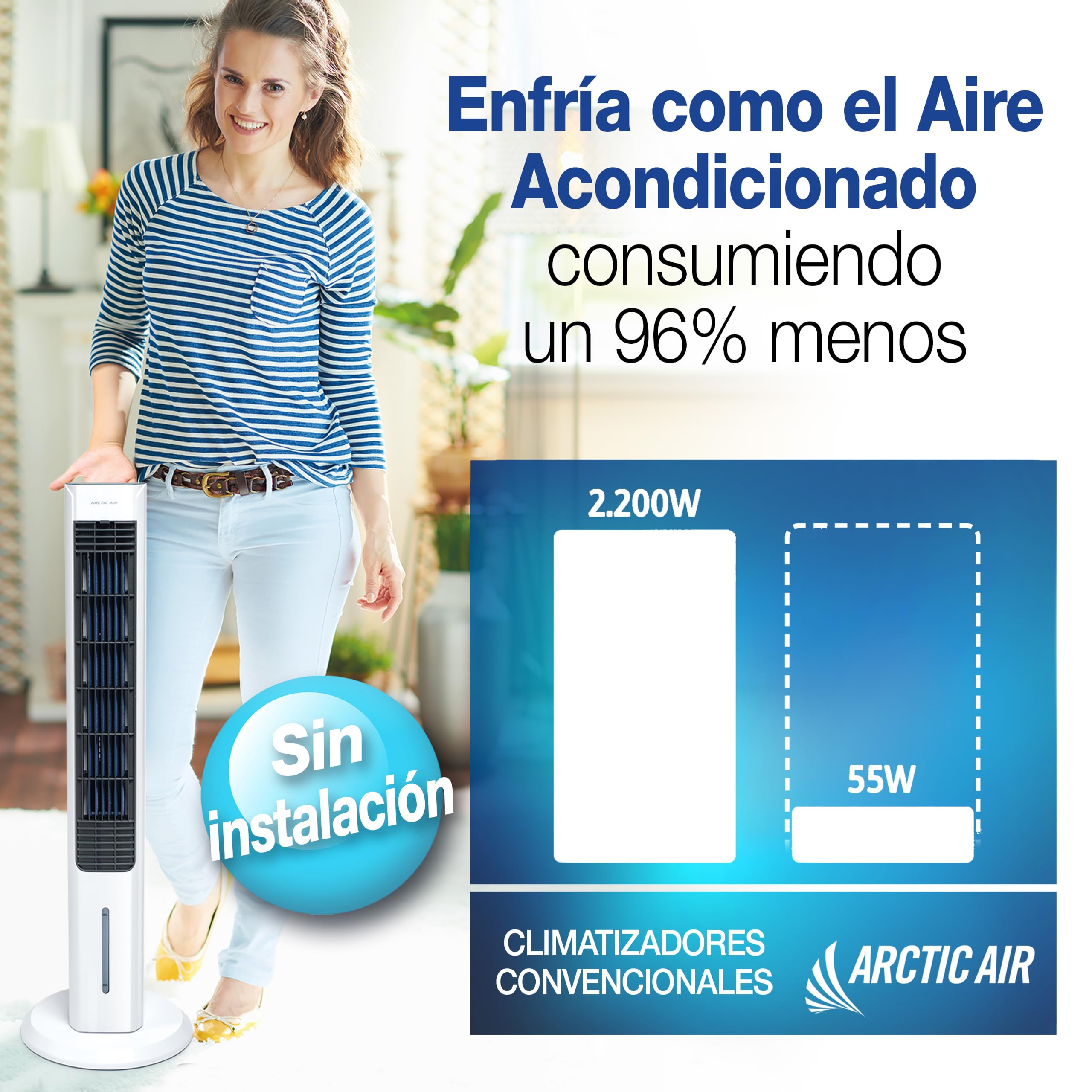 Enfriador Evaporativo de Torre 4 en 1 – Enfriador, Ventilador sin Aspas, Humidificador y Aromatizador, Bajo Consumo 55W, 66dB. Versátil, compacto y portátil. Sin Instalación.