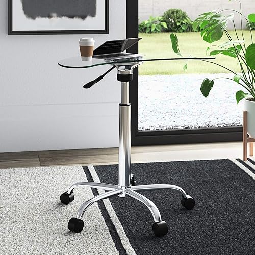 MilanHome Escritorio ovalado de altura ajustable, 25.6 pulgadas de ancho x 15.8 pulgadas de profundidad, parte superior de vidrio, base de metal,