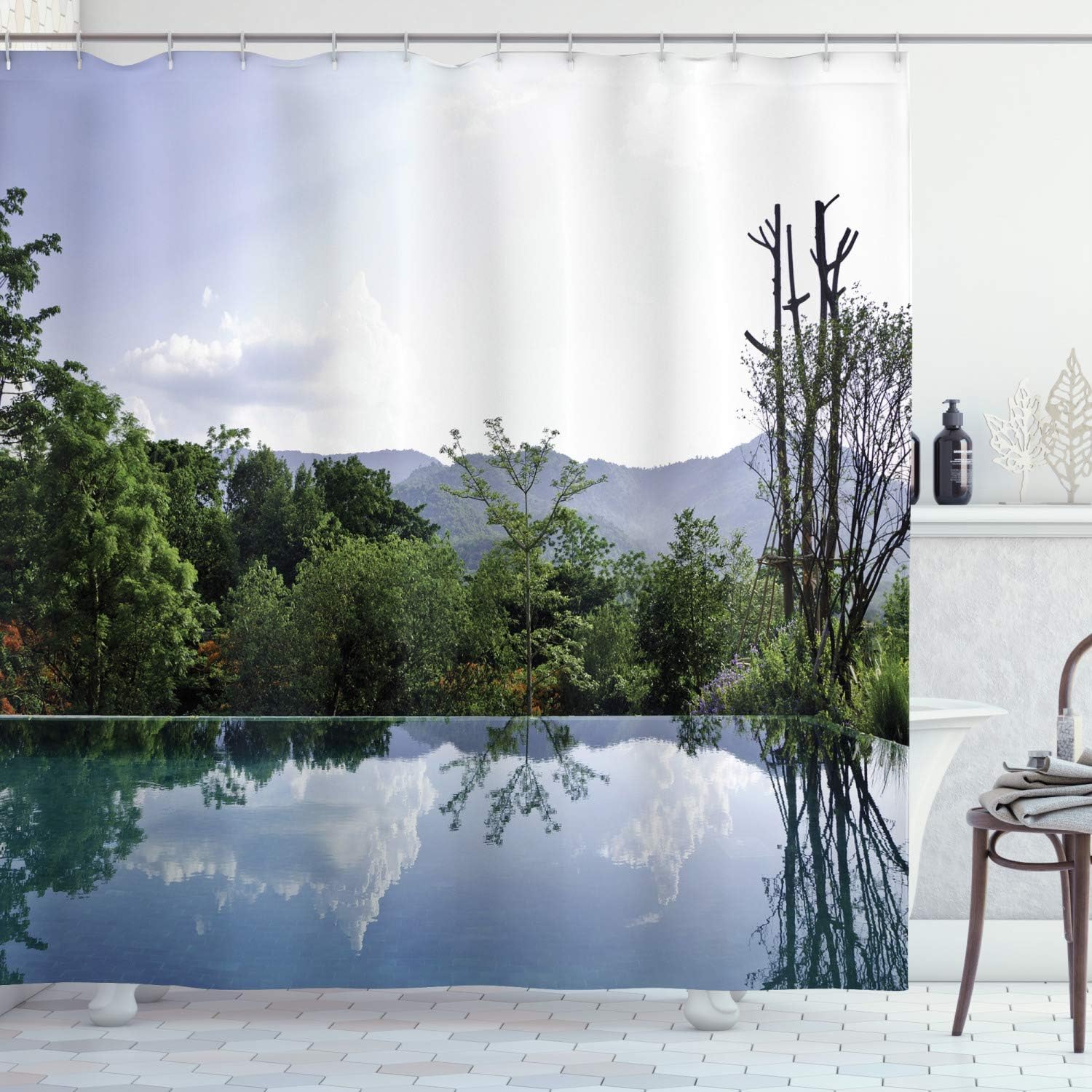 Ambesonne Holiday Shower Curtain, Cloud and Tree Reflections on The Infinity Pool Forest Distant Hills Getaway, Cloth Fabric Bathroom Decor Set with Hooks, 69" W x 84" L, Green White