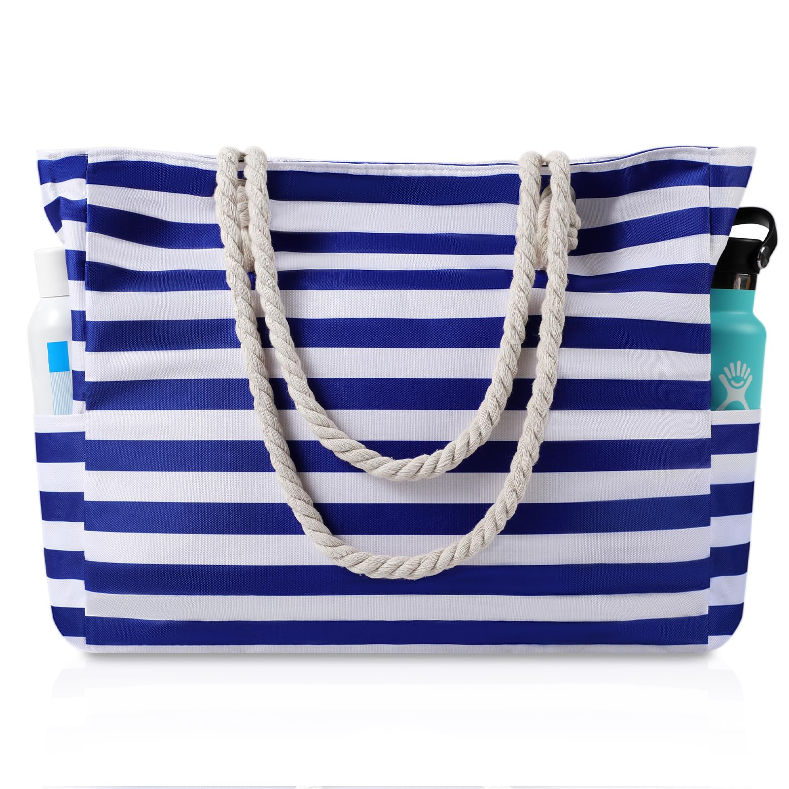 Bolsa de playa grande de rayas azules con cremallera y diseño impermeable 8