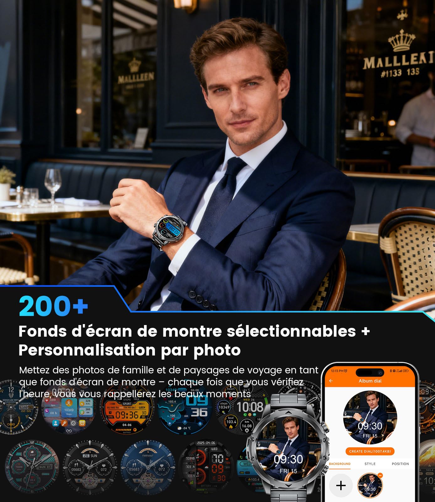 FITFLEX Montre Connectée Homme avec Appel Bluetooth, 1.53" HD Smartwatch avec Batterie 1000 mAh(60+Standby Zeit)/Lampe de Poche/120+ Sportifs/Sommeil, IP68, Fitness Montre Connecté iOS Android | Écran AMOLED HD 1,53", batterie 1000 mAh, appels Bluetooth,