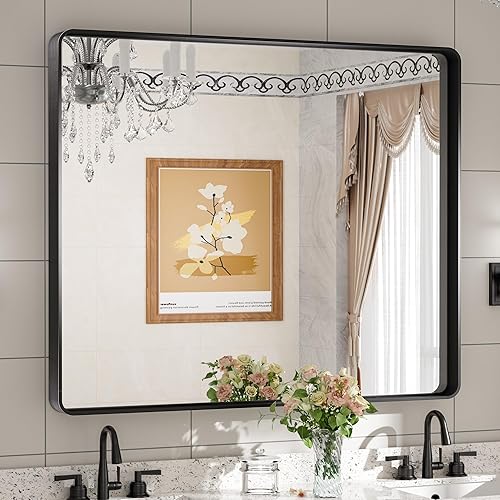 TETOTE Espejos con marco negro para baño, 42 x 36 pulgadas, moderno, decorativo, rectangular, mate, espejo de tocador (horizontalvertical)
