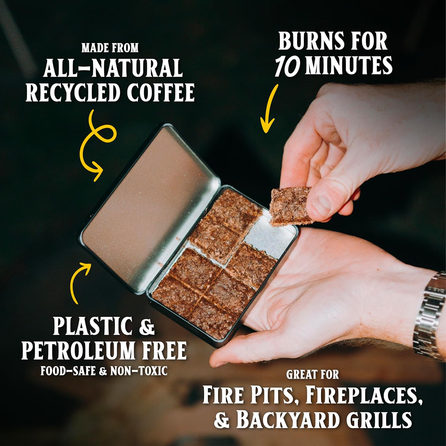 Coffee Campfire Starter, All-Natural Fire Starter Made from Recycled Coffee for Outdoor Campfires, Outdoor Firepits, Indoor Fireplaces, Charcoal and Wood Grills - 2 Count (16 Starters)