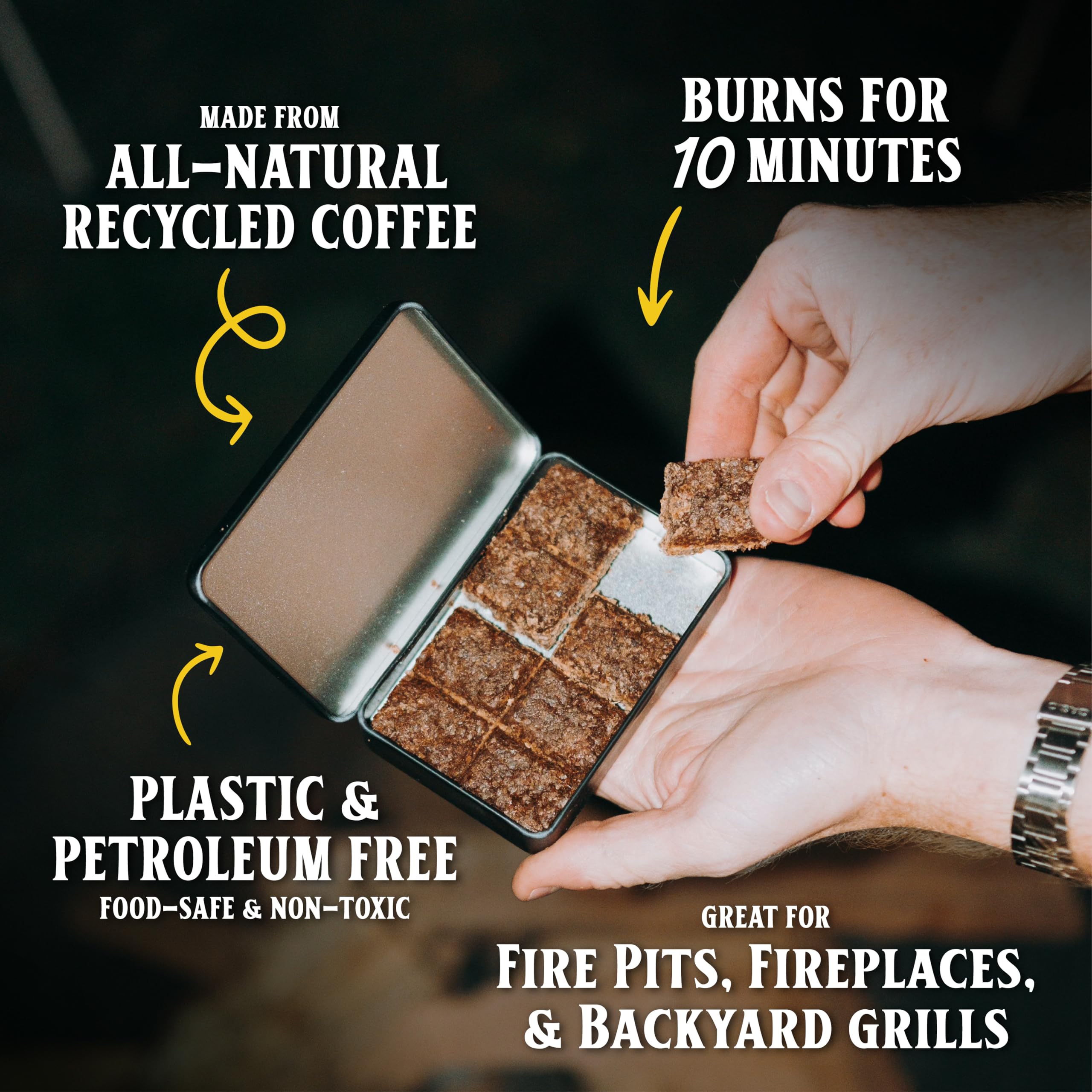 Coffee Campfire Starter, All-Natural Fire Starter Made from Recycled Coffee for Outdoor Campfires, Outdoor Firepits, Indoor Fireplaces, Charcoal and Wood Grills - 1 Count (8 Starters)
