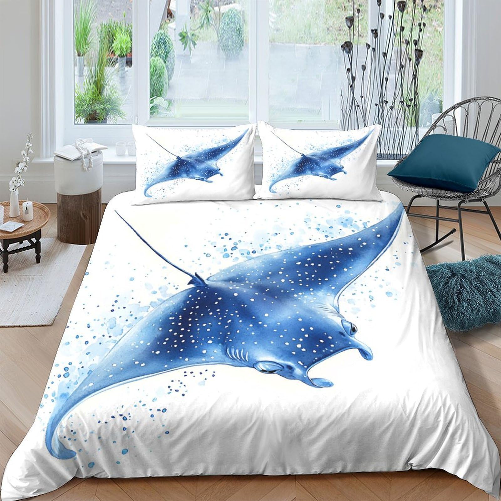Ctjqhvkz Style-9 3D Printed Blue Manta Ray Fitted Sheet Microfiber Soft Breathable Ocean Splash Bed Cover For Bedroom Dorm Mattress Decor Single（135X200cm）