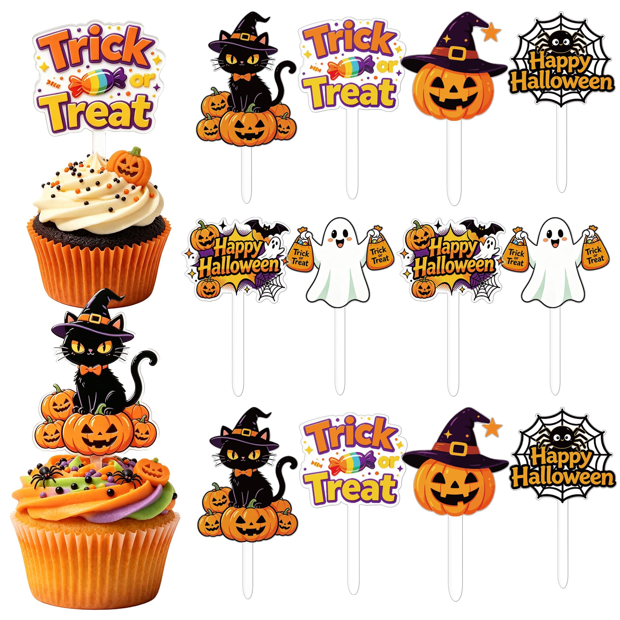 AiQi Bakes Halloween Acrylic Cupcake Toppers, 12 Pieces, Trick or Treat
