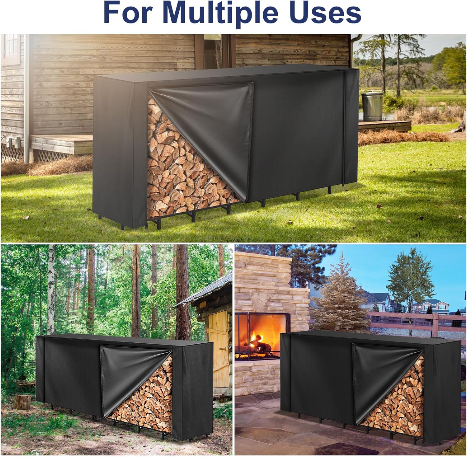 HONEST OUTFITTERS 8ft Firewood Rack Outdoor with Cover, Fireplace Wood Storage Heavy Logs Stand Stacker Holder Strong Lumber Racks Outside for Courtyard Patio