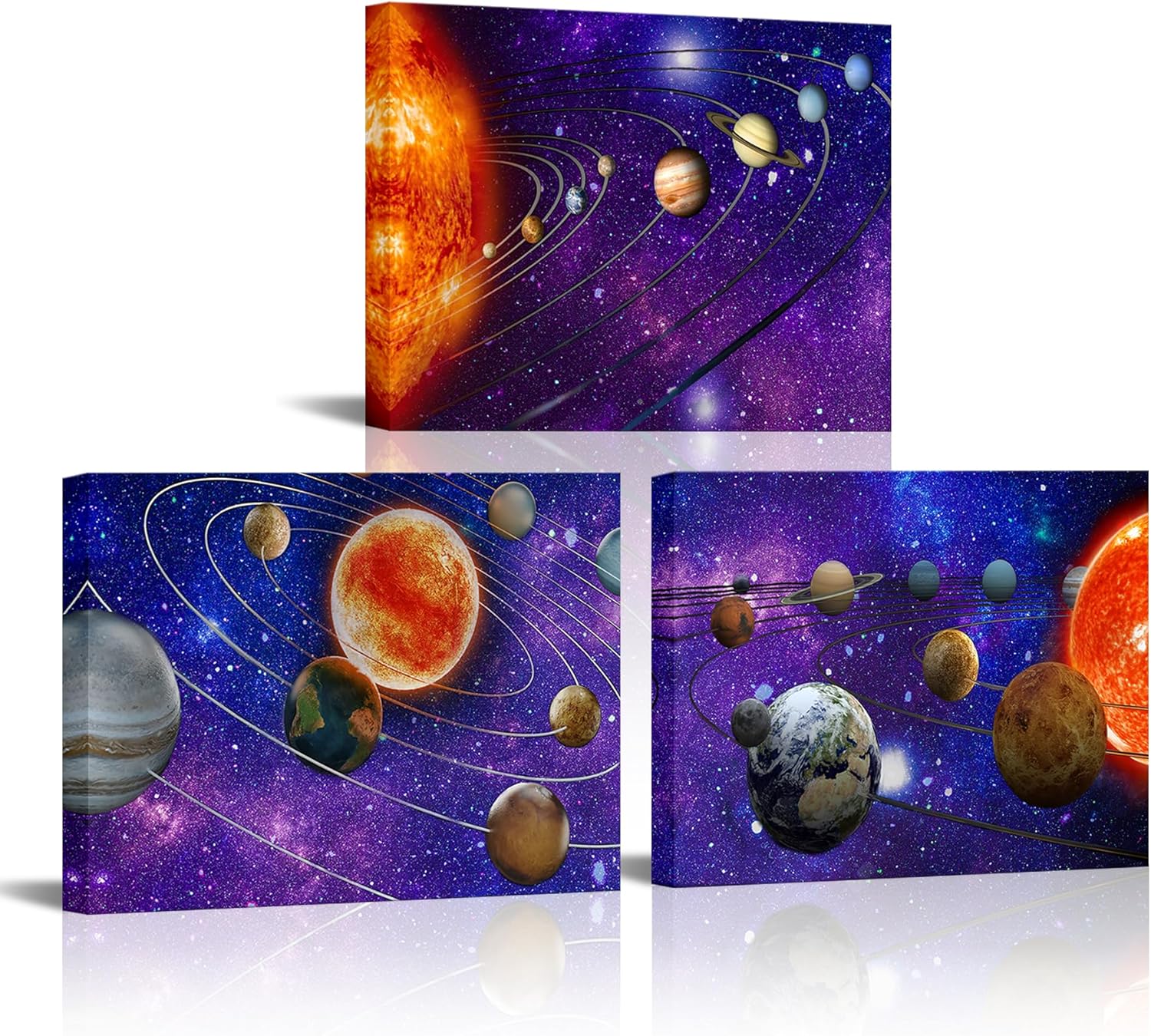 Sepwrol Space Canvas Wall Art Solar System Planets Picture Universe Galaxy Wall Decor for Kids Room Bedroom Framed Ready to Hang 12x16inchx3 Purple