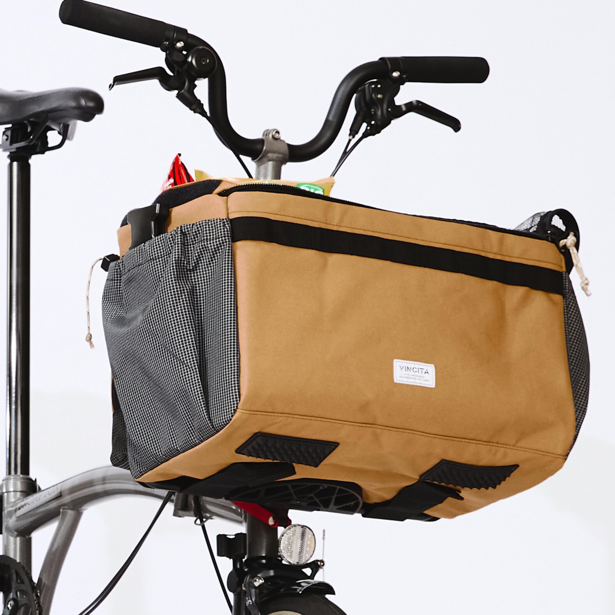 Vincita Caddy Haustierkorb für Brompton-Fahrrad, bequeme und sichere Tragetasche mit Aluminiumrahmen, Netzabdeckung, verstellbarem Gurt und Seitentaschen. Kompatibel mit Brompton-Frontträgerblock