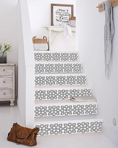 FLFK Modern Geometric Staircase Sticker, Black and White Damask Pattern,