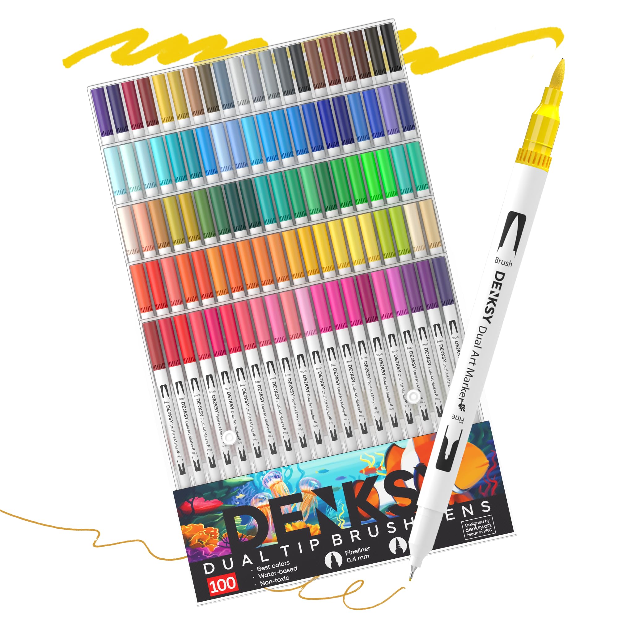 100 Watercolour Markers Set | Water Colour Pens with Brush & Fineliner, Water-Based Art Markers | Dual Tip Markers for Adult Colouring, Lettering, Calligraphy, Sketching, Journaling & Illustration
