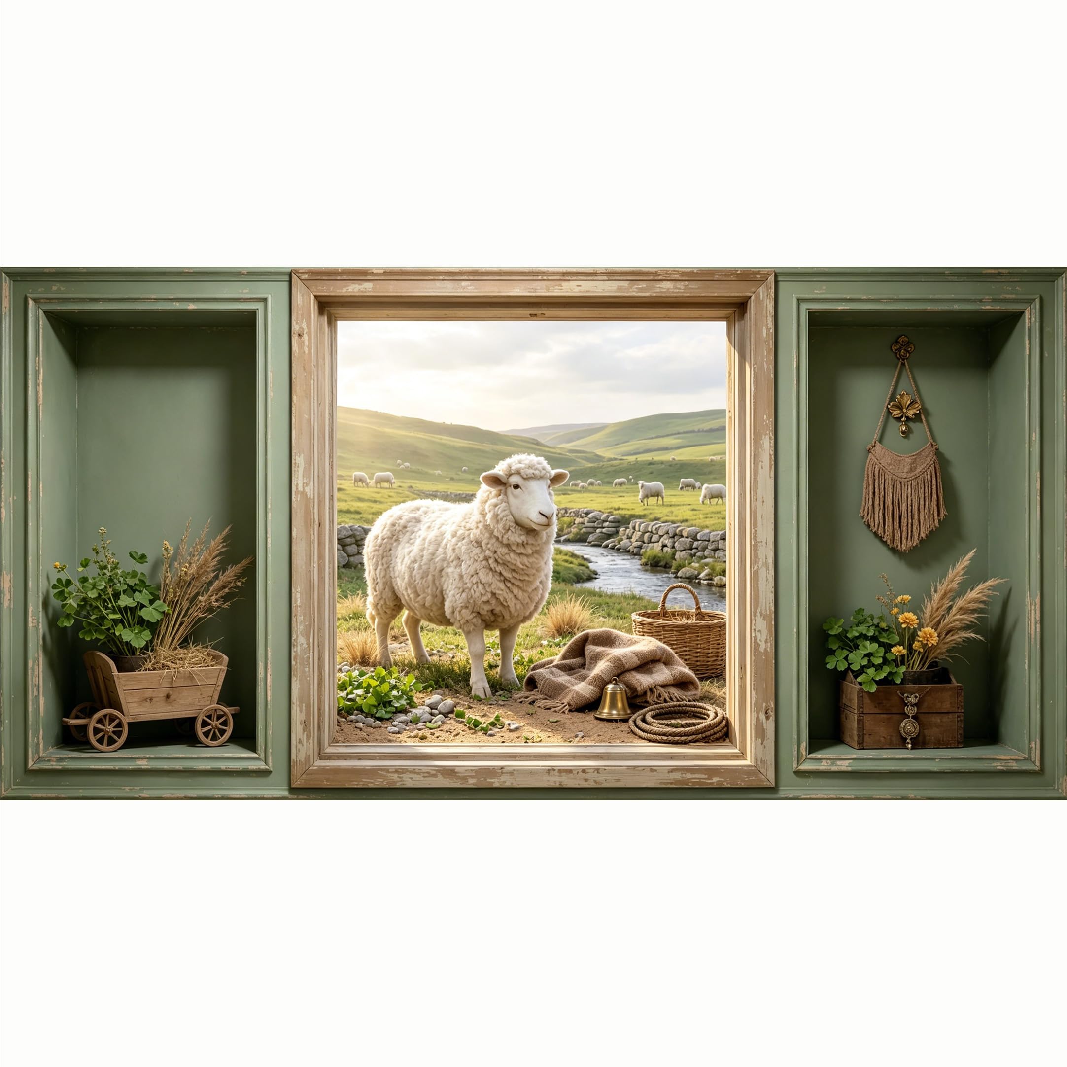 QZLITHOTIC 50x100cm 3D Framed Wall Art， Farmhouse Pastoral Sheep Landscape Self‑Adhesive Mural， Water‑Activated Peel & Stick Fabric Decor Wall Decal for Bedroom Living Room