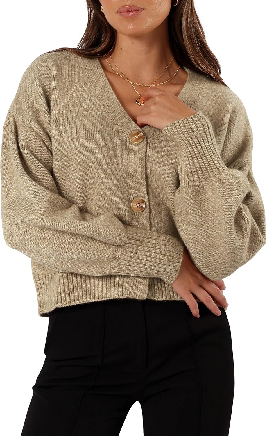 Balimtoy Womens V Neck Cropped Cardigan Lightweight Cute Puff Long Sleeve Button Up Relaxed Fit Fall Sweater Jacket