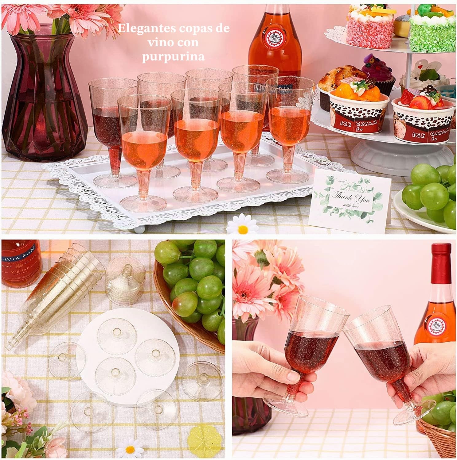 LATERN 50 Piezas Brillo Dorado Copas de Vino, 170ml Copas de Cata de Vino de Plástico Copas de Vino de Fiesta con Tallo Reutilizables Tazas de Postre para Whisky, Champán, Cerveza, Pudín, Mousse