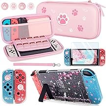 OneCocoa Cute Switch Carrying Case Compatible with Nintendo Switch Accessories，Pink Travel Bag Kits with Protective Clear Cover Hard Dockable Skin Shell， Screen Protector and Thumb Grip Caps（Switch ）
