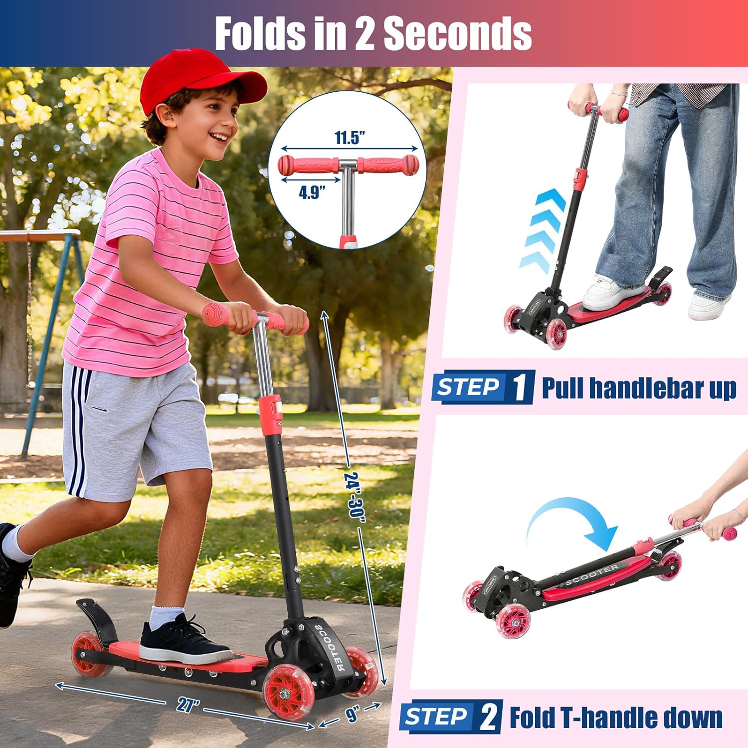 Foldable Kids Scooter with Lean-to-Steer Technology, LED Light-Up Wheels, and Quick-Adjust Handlebar – Ideal Outdoor Gift for Ages 3/4/5/6/7