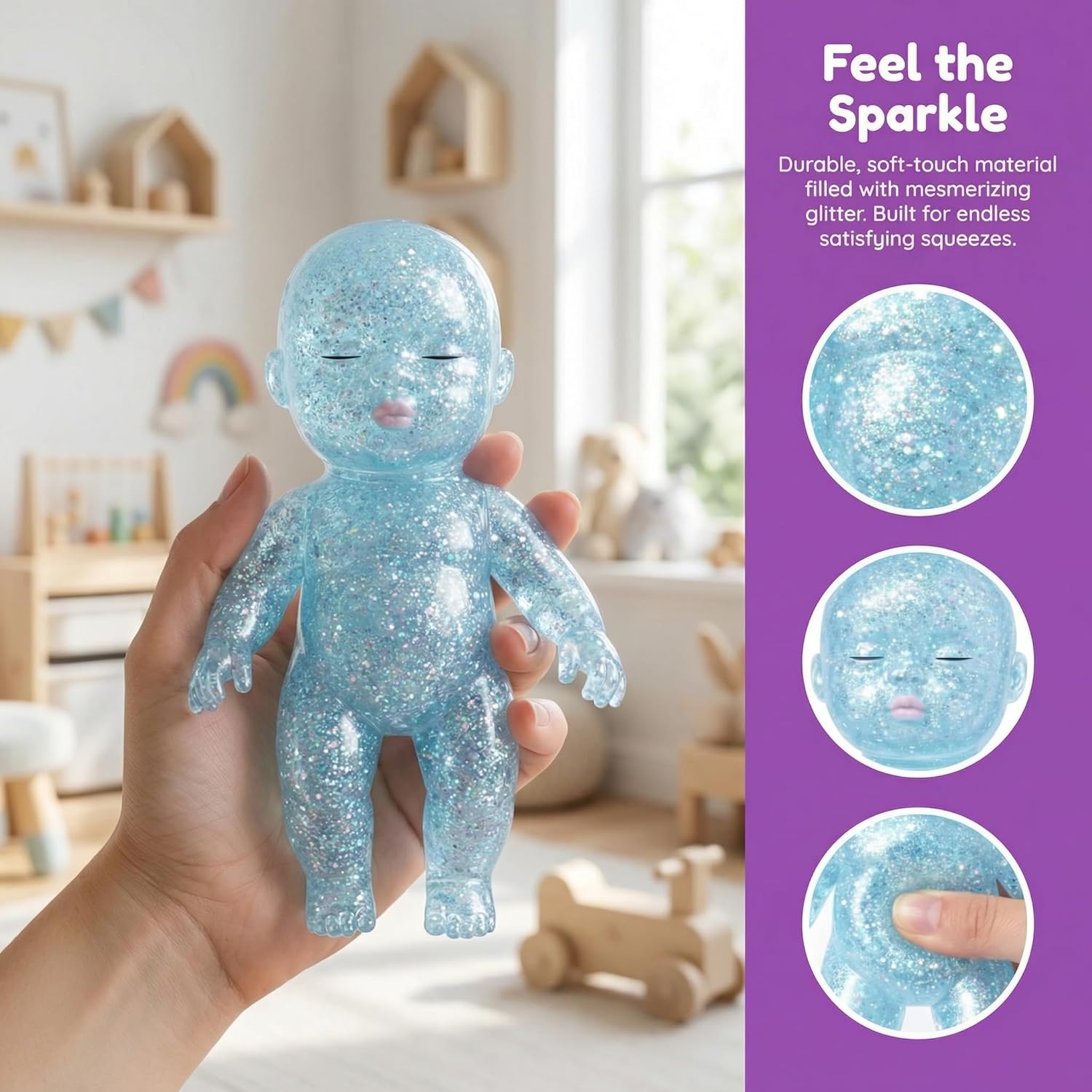 Glitter Babies Doll Squishies Stress Toy – 4" Soft Squeezable Fidget Toy, Cute Sparkly Sensory Decompression Doll for Adults, Portable Desk Decor & Anxiety Relief Gift (Pink)