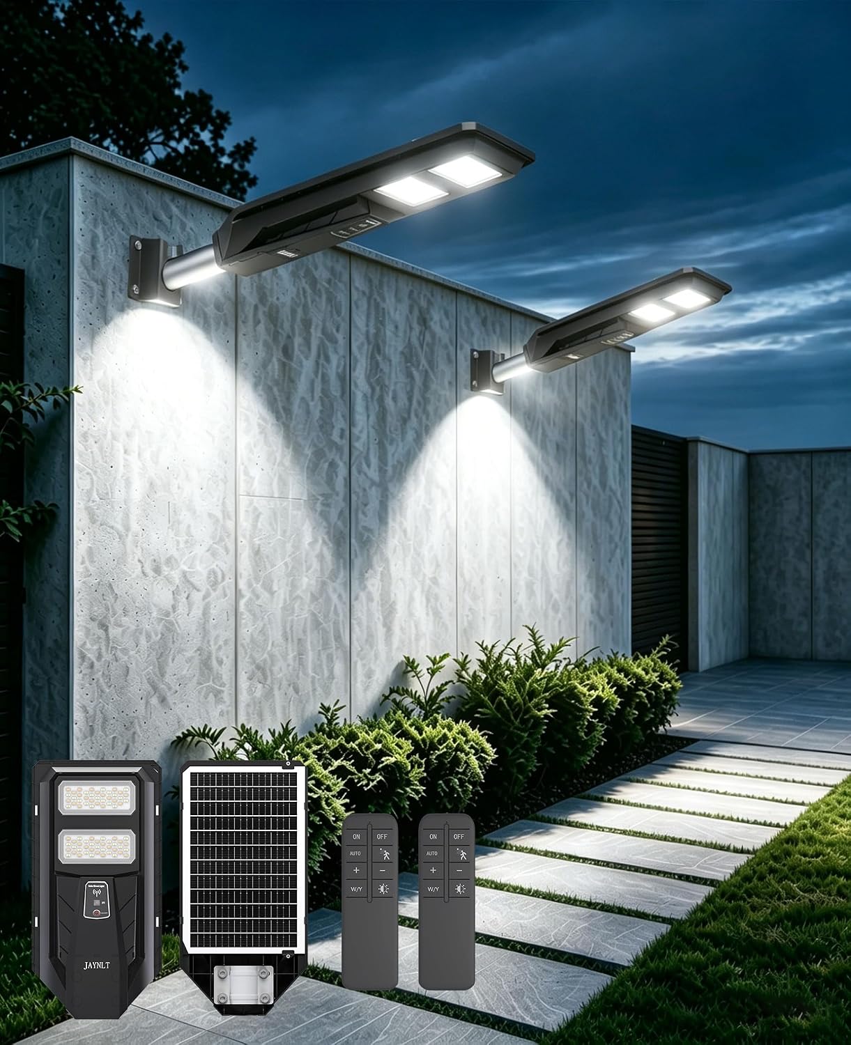 JAYNLT Lampione Solare LED Esterno, 3000K/4000K/6500K Faretto Led da Esterno con Sensore di Movimento, IP67 Impermeabile Faro Solare per Giardino Cortile Garage (2 Pezzi)