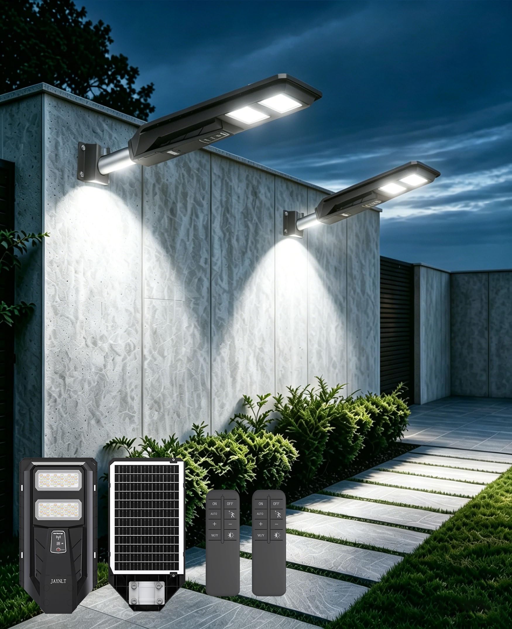 JAYNLT Lampione Solare LED Esterno, 3000K/4000K/6500K Faretto Led da Esterno con Sensore di Movimento, IP67 Impermeabile Faro Solare per Giardino Cortile Garage (2 Pezzi)