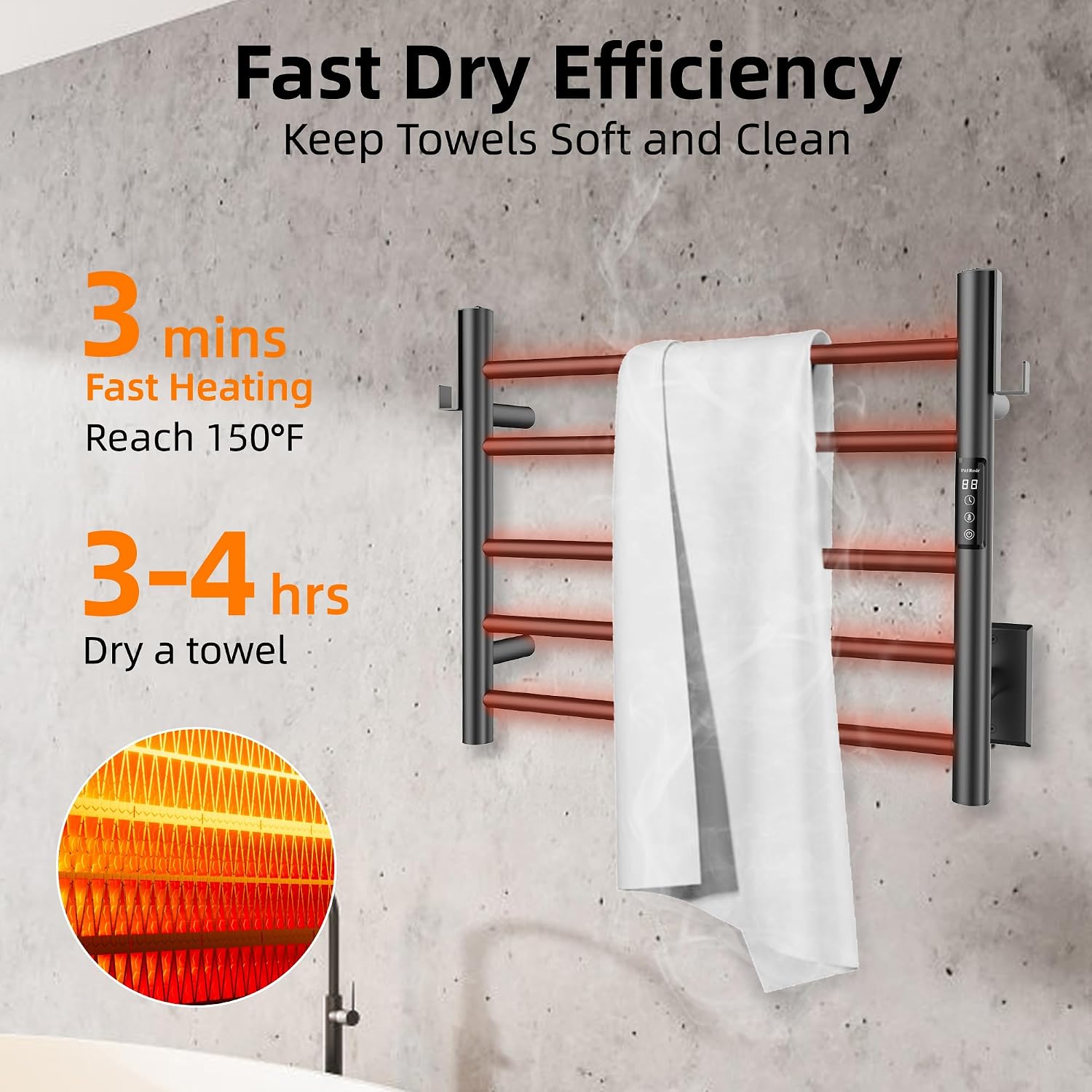 P&Dlusir Towel Warmer, Heated Towel Rack with Smart Timer and Thermo Control, Wall-Mounted Heated Towel Rail, Stainless Steel, Hard-Wired/Plug-in, Matte Black, 5 bar