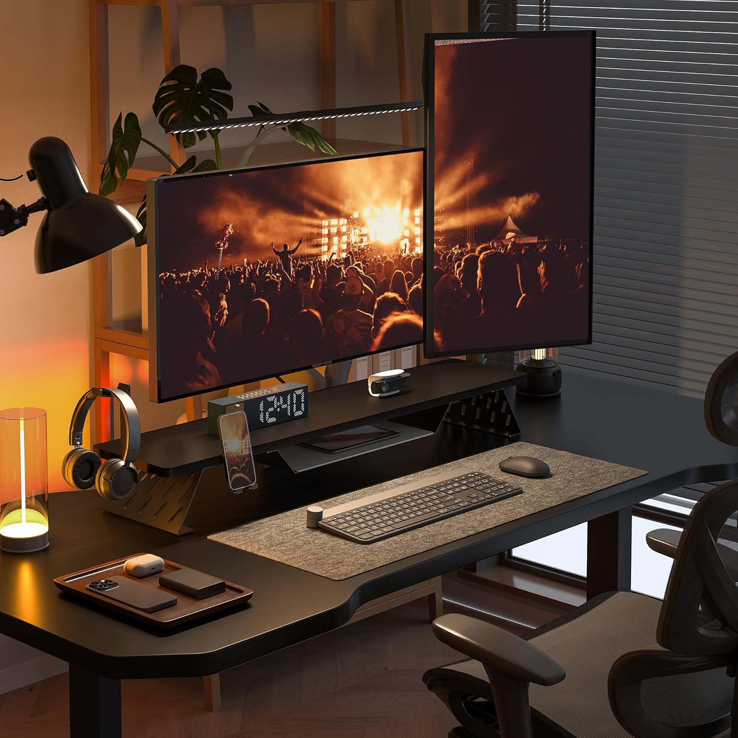 Fenge Dual Monitor Stand, 42.5 Inch Monitor Riser for Desk, Wood Desk Shelf for 2 Monitors, 2 Tier Monitor Shelf with Headphone Stand & Phone Holder