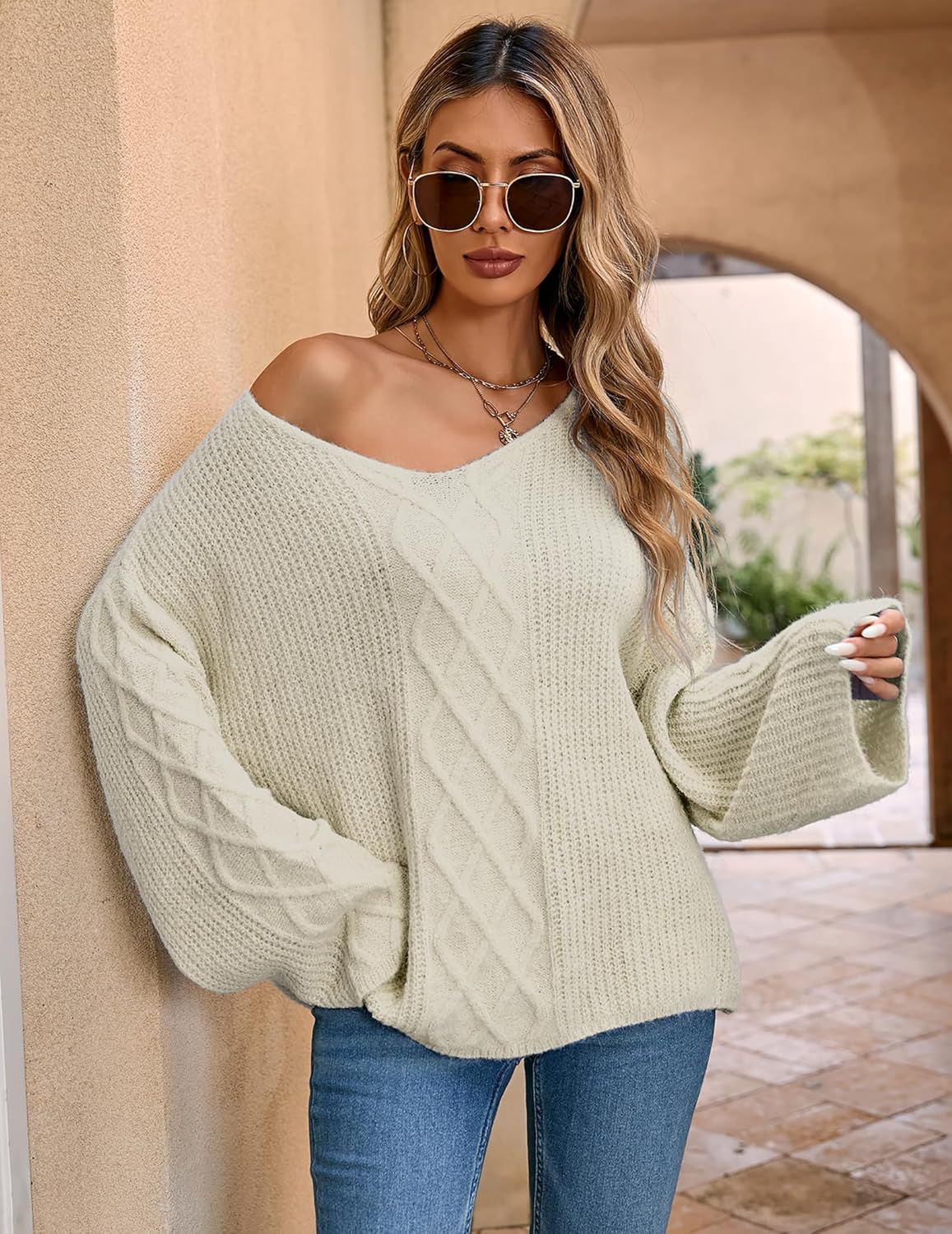 Womens Oversized V Neck Cable Knit Sweater Spring 2026 Casual Lightweight Ladies Long Sleeve Pullover Sweaters - Image 3
