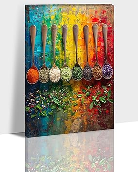 Hzddty Kitchen Wall Art - Colorful Cooking Spices on Each Spoon Kitchen Pictures for Wall Decor, Vintage Farmhouse Kitchen Canvas Prints, Framed Artwork for Kitchen Dining Room 12x18 Inches