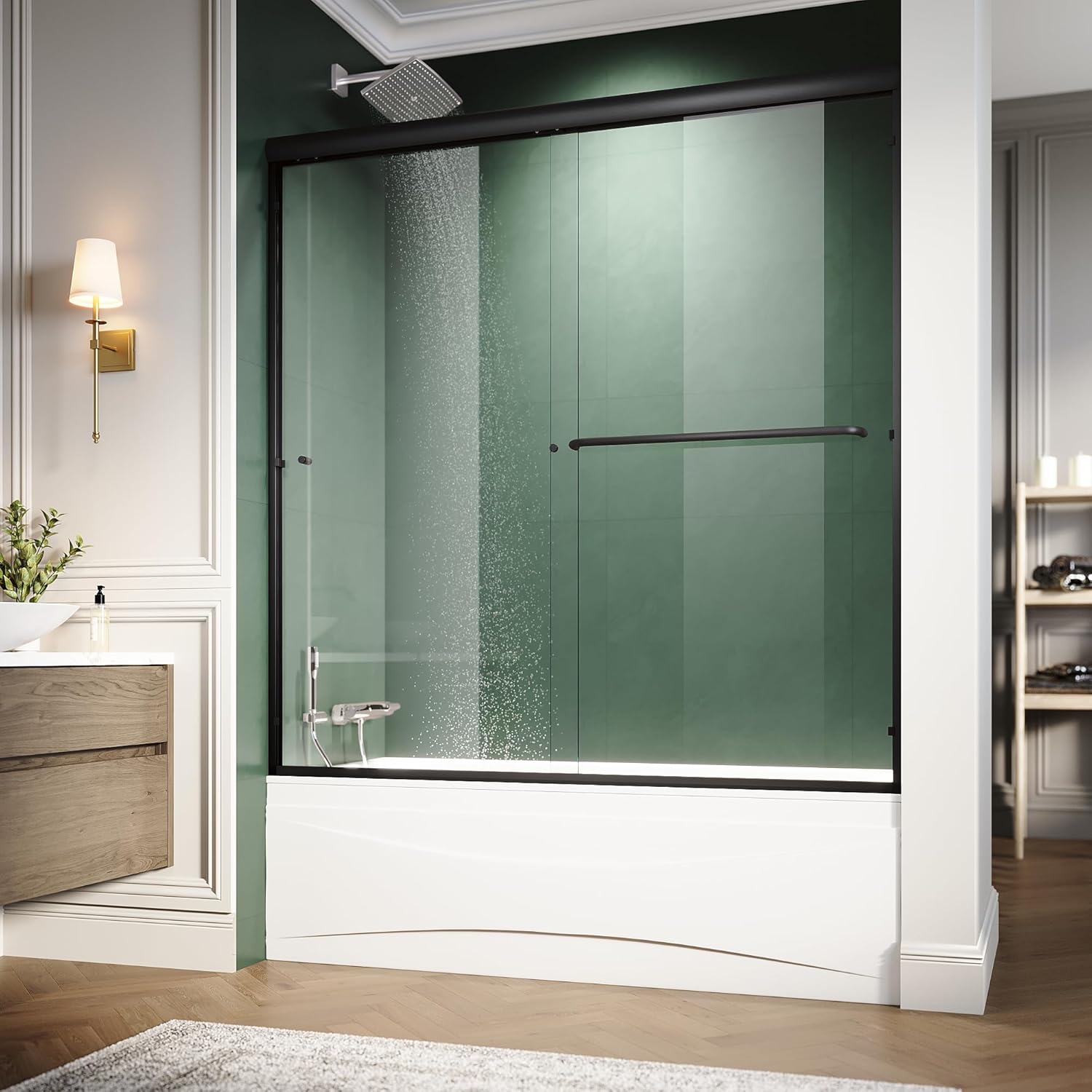 ELEGANT Double Sliding Bathtub Shower Door 60" W x 57" H, Adjustable Framed Bathtub Door with 1/4" Tempered Glass, Black Finish