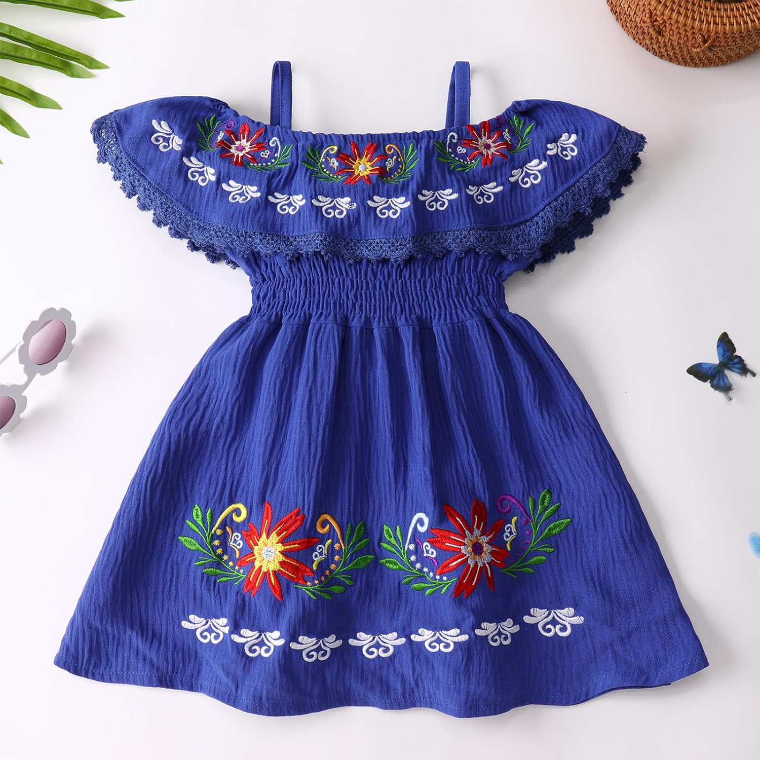 Mexican Dress for Baby Girls Traditional Cinco de Mayo Fiesta Dress Off-Shoulder Floral Embroidered Dress