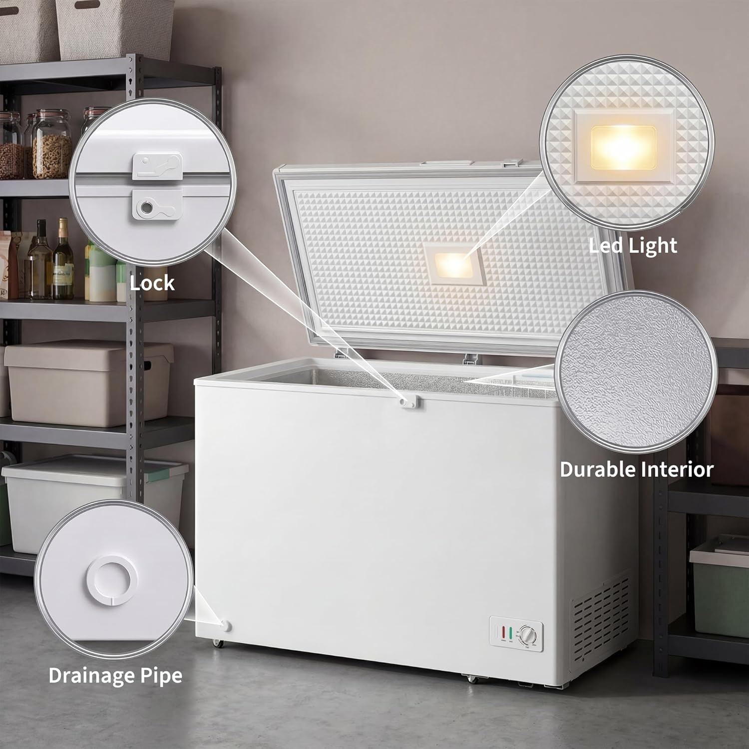 Garvee 14.5cuft Chest Freezer, 14.5 Cubic Feet Large Capacity Freezer Stand Alone with 6 Movable Wheels, Mechanical Temperature Control, 2 Removable Baskets, for Garage/Home/Office, White