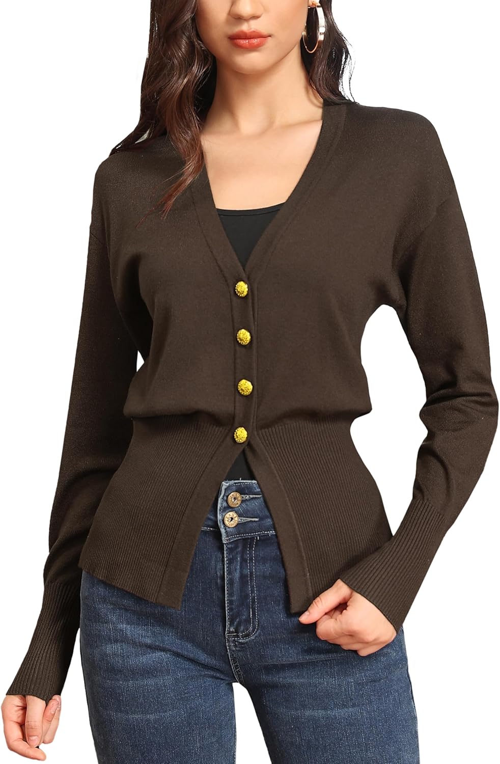 M.Infisavo Women’s Cardigan Sweater Outerwear, Fall Knit Fitted Long Loose Sleeve V Neck Button Down Jacket Open Front