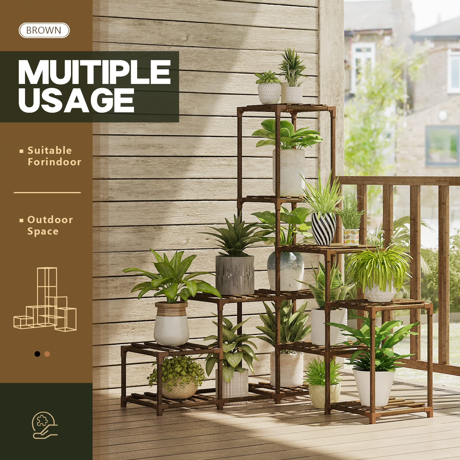 Bamworld Supporto per piante ad angolo per interni, in legno, 8 vasi per più piante, decorazione per la casa per regali di giardinaggio