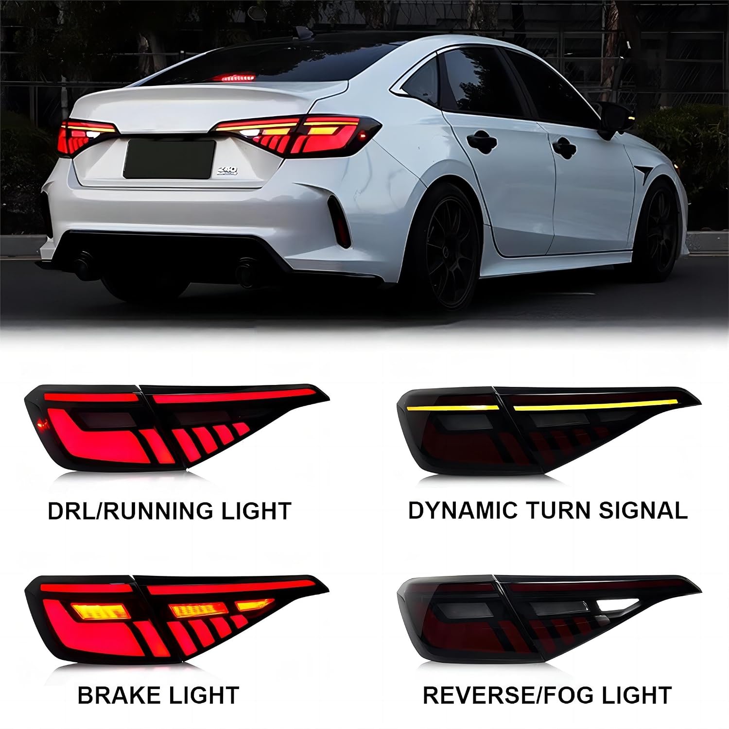 Tail Lights Assembly for Honda Civic 11th Gen 2022 2023 2024, Smoked Len LED Taillight Assembly Fit for 11th Gen Civic Sedan Rear Lamp with Animation DRL Sequential Indicator(Red)