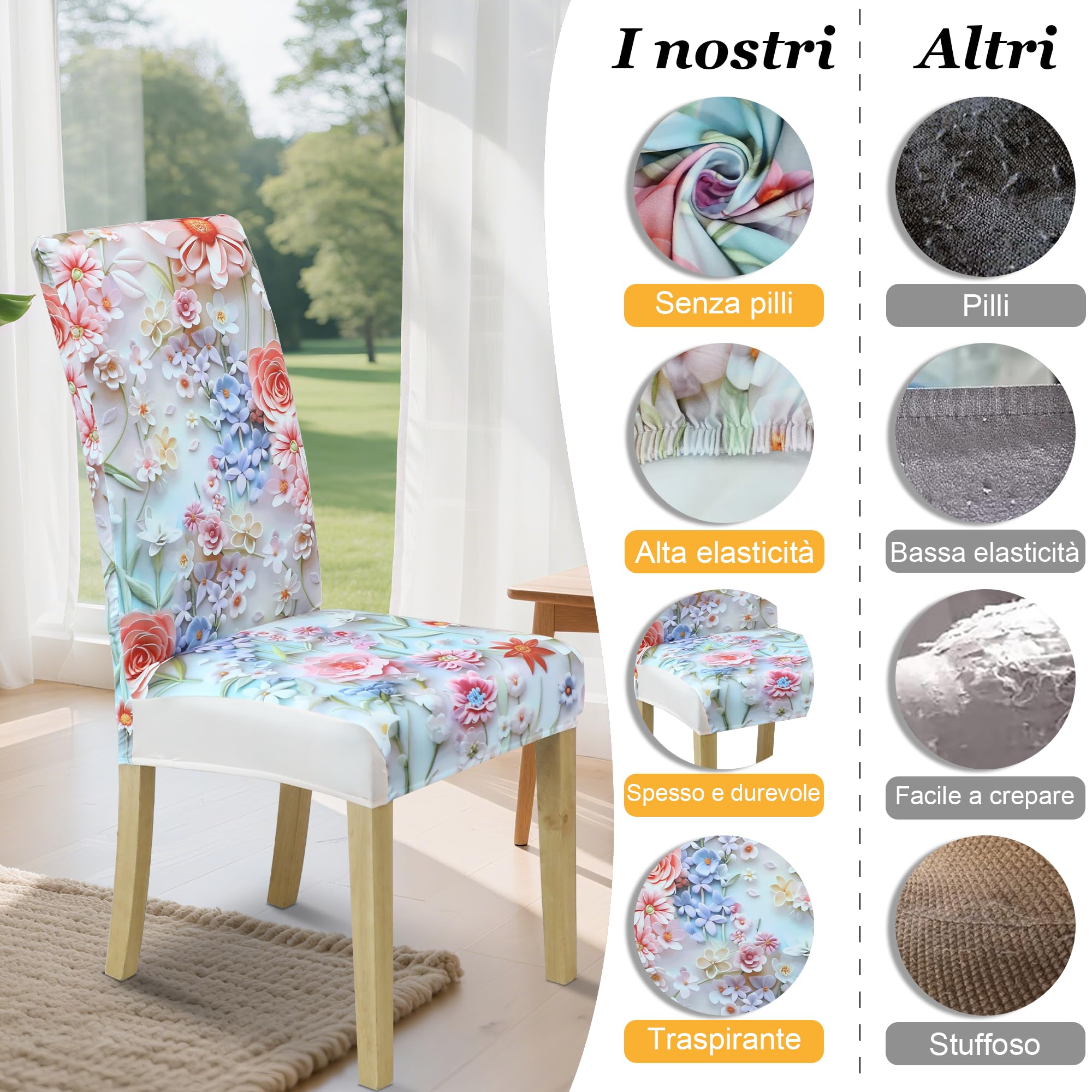 coprisedia con schienale、coprisedia elasticizzati、coprisedie antigraffio gatto、copri sedia da ufficio (set da 2/4/6 pezzi con schienale) per salotti, cucine, feste e hotel. (6, Fiori colorati)