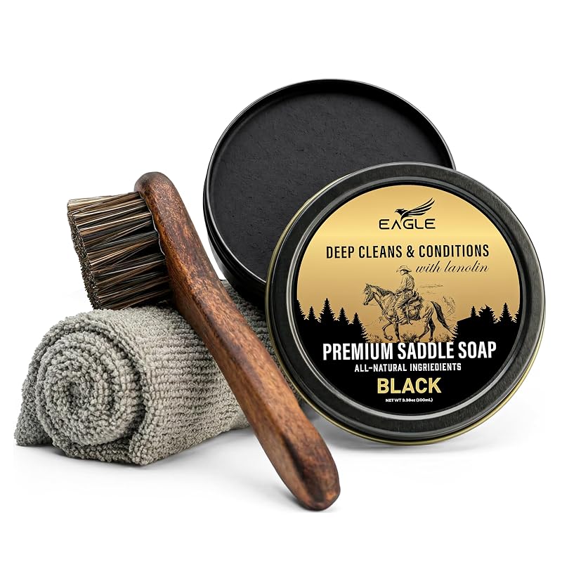 Kit de Sabão Preto para Couro Eagle com Lanolina, Escova Aplicadora e Pano de Microfibra, 3 peças