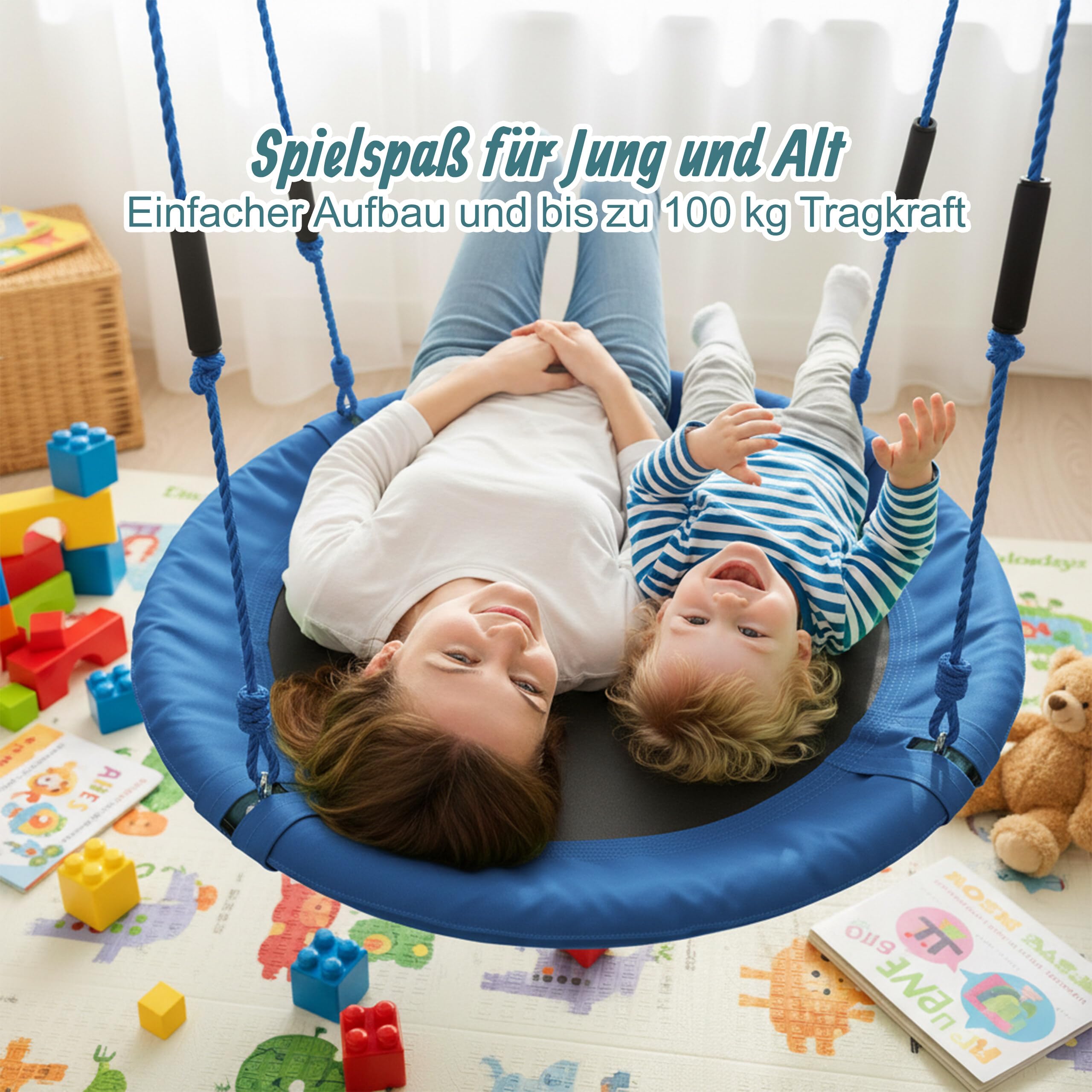 Relaxdays Nestschaukel, runde Hängeschaukel Schaumstoffgriffe, Kinder, verstellbar, Outdoor, Ø: 120 cm, bis 100 kg, blau