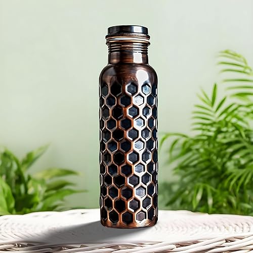 ALV Botella de agua de cobre para beber, 34 onzas, grande martillada, 100% ayurvédica, botella de agua a prueba de fugas, botella aislada para