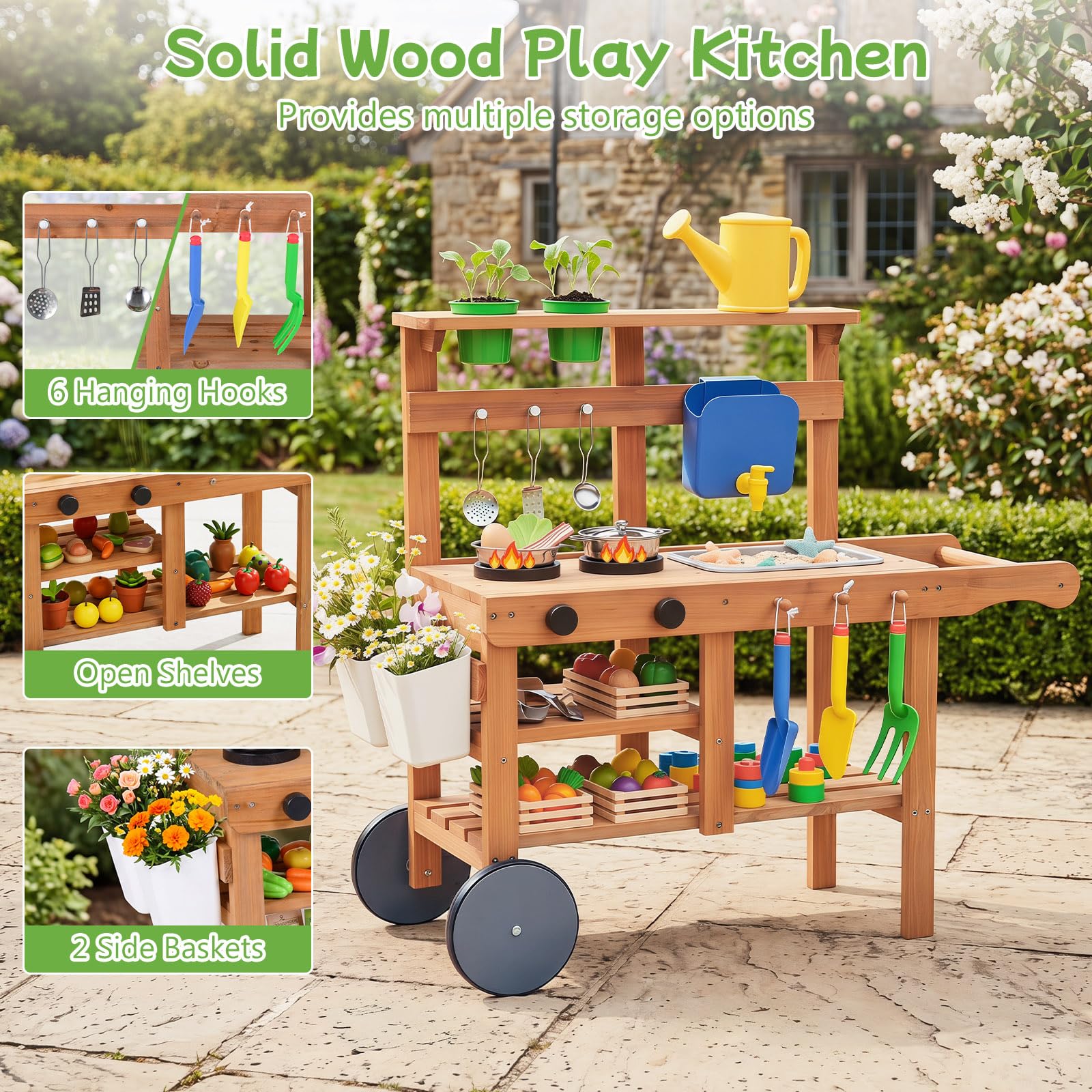 COSTWAY Cucina di Fango da Esterno, in Legno, per Bambini 3+ Anni | Cucina per Bambini con Padella, Serbatoio, Lavello, 2 Vasi di Fiori, 2 Ripiani Aperti, 2 Ruote e Accessori per Cucinare
