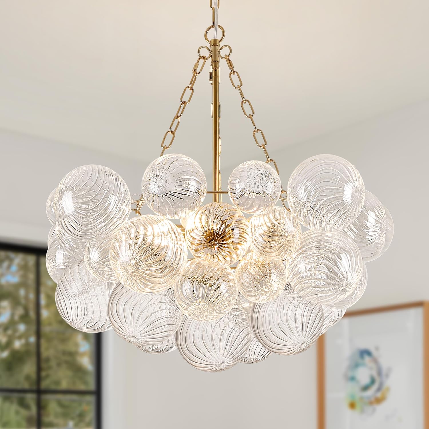6 Light Gold Bubble Chandelier Lighting, Dia 25.2 Inch Nordic Swirled Clear Ribbed Hand Blown Glass Ball Chandeliers for Living Room Bedroom Foyer Dining Room Bathroom