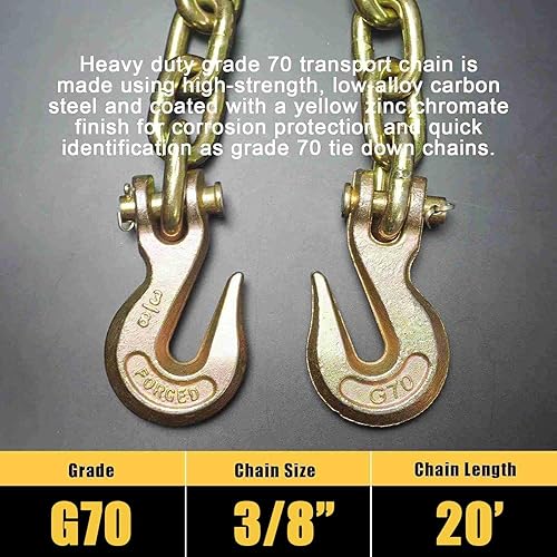 Miniatura 8 de Cadena de carpeta de transporte, cadena de remolque con G70, 3/8 pulgadas x 10 pies, con ganchos de agarre de horquilla, límite de carga de trabajo