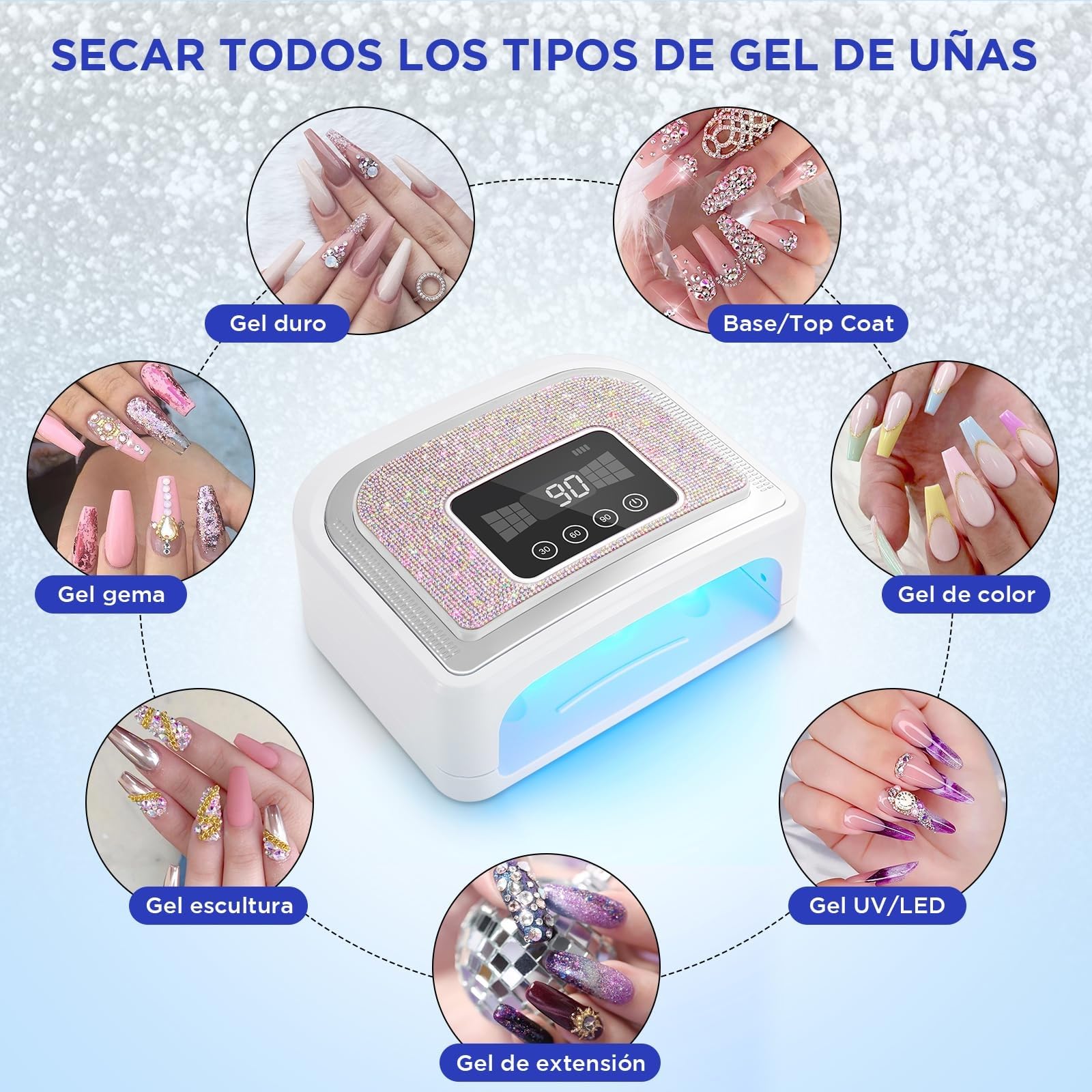 Lámpara UV inalámbrica recargable para uñas de gel, lámpara LED para uñas decorada con diamantes de imitación brillantes para el hogar/salón de uñas (brillante diamante y blanco)