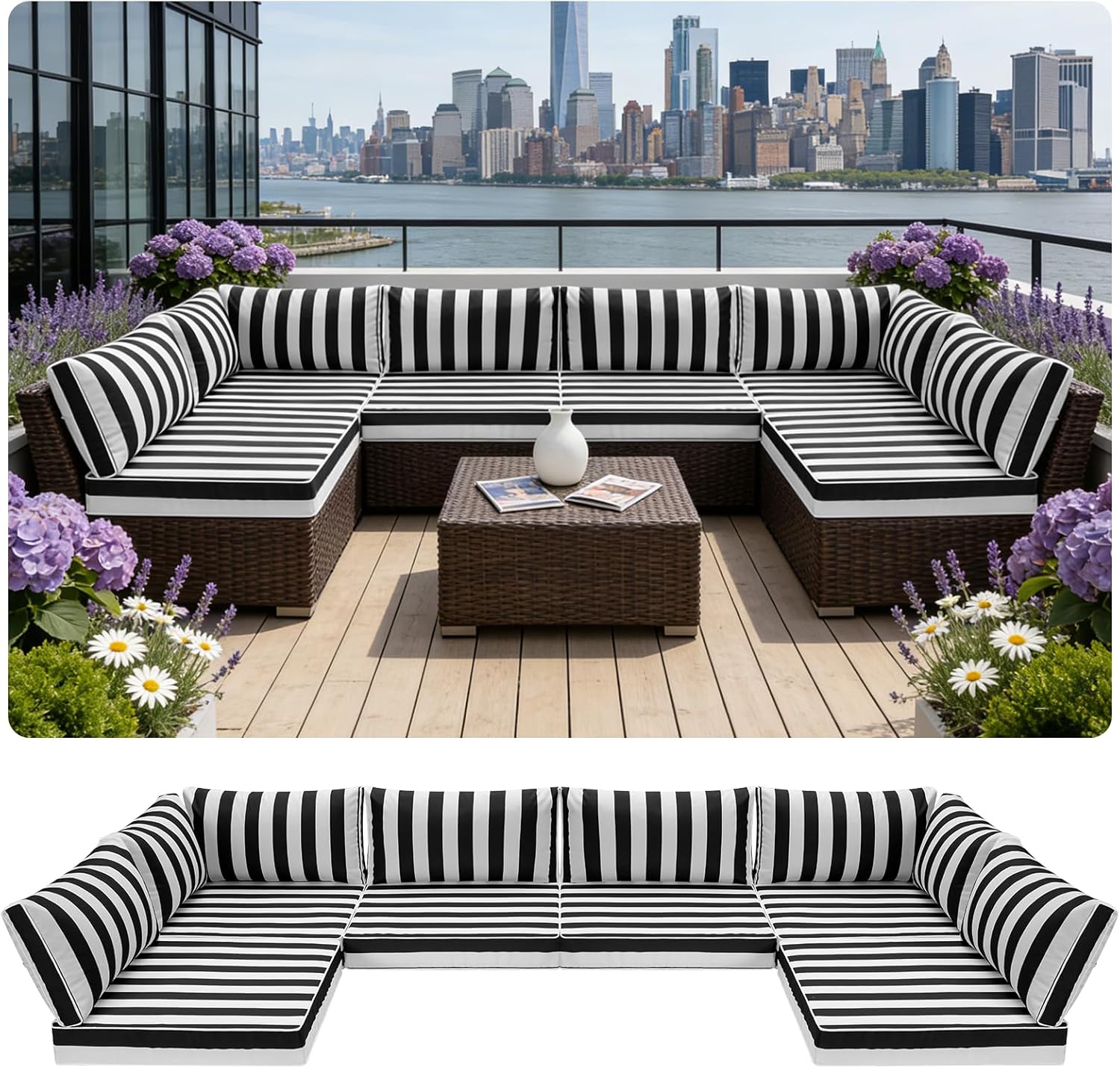 Outdoor Sectional Cushions,14-Piece Replacement Cushions for Patio Furniture, Water-Resistant Outdoor Sofa Cushion for 6-seat Sectional Rattan Conversation Set,(Liner&Cover) (Black&White Stripes)