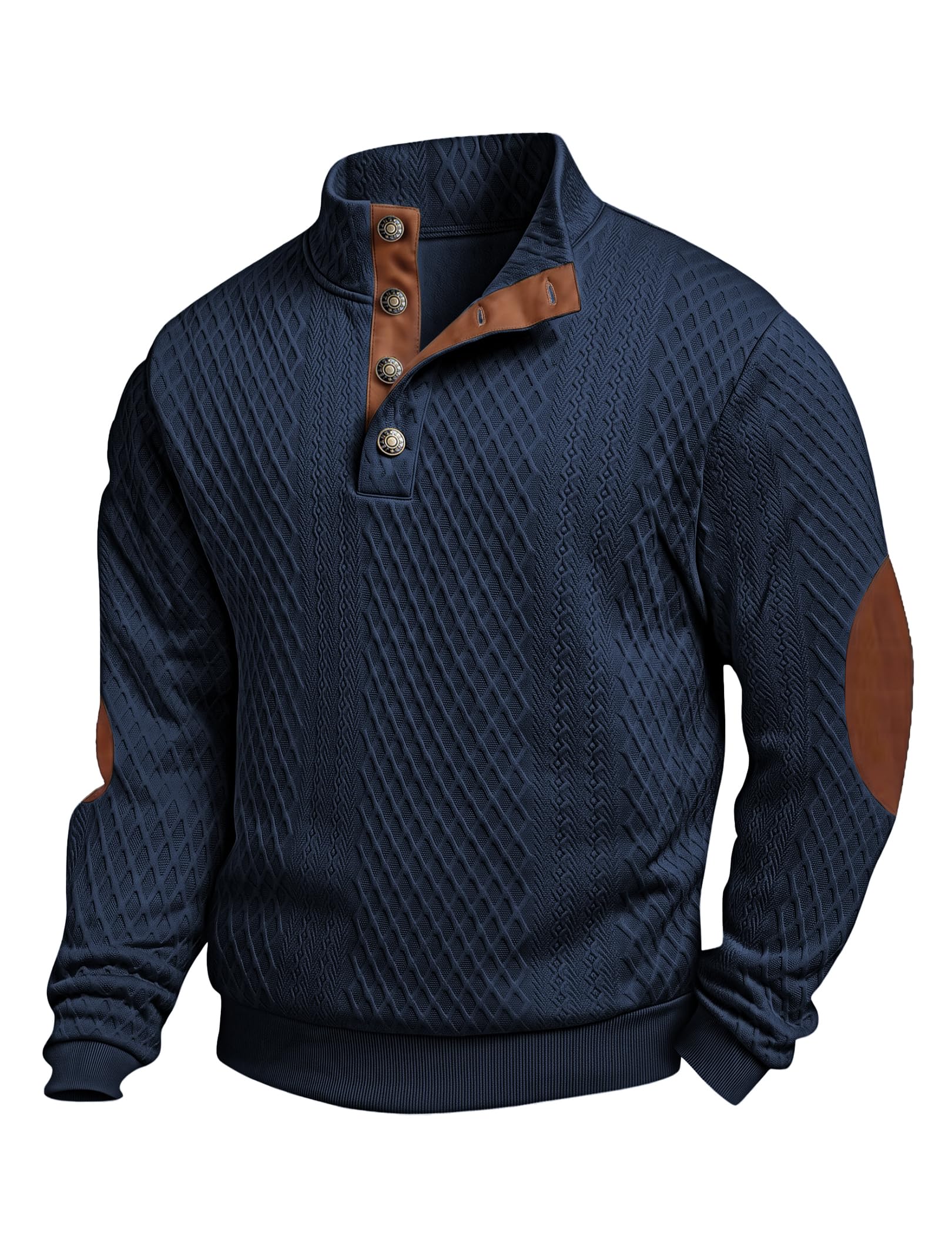 JMIERR Herren Sweatshirt Textured Pullover mit 1/4-Knöpfe | Fleecegefütterter,Strick Pullover,Freizeit,mit Stehkragen,Langarm,Bequemer,Wildleder-Patches,Loose Fit,Herbst und Winter