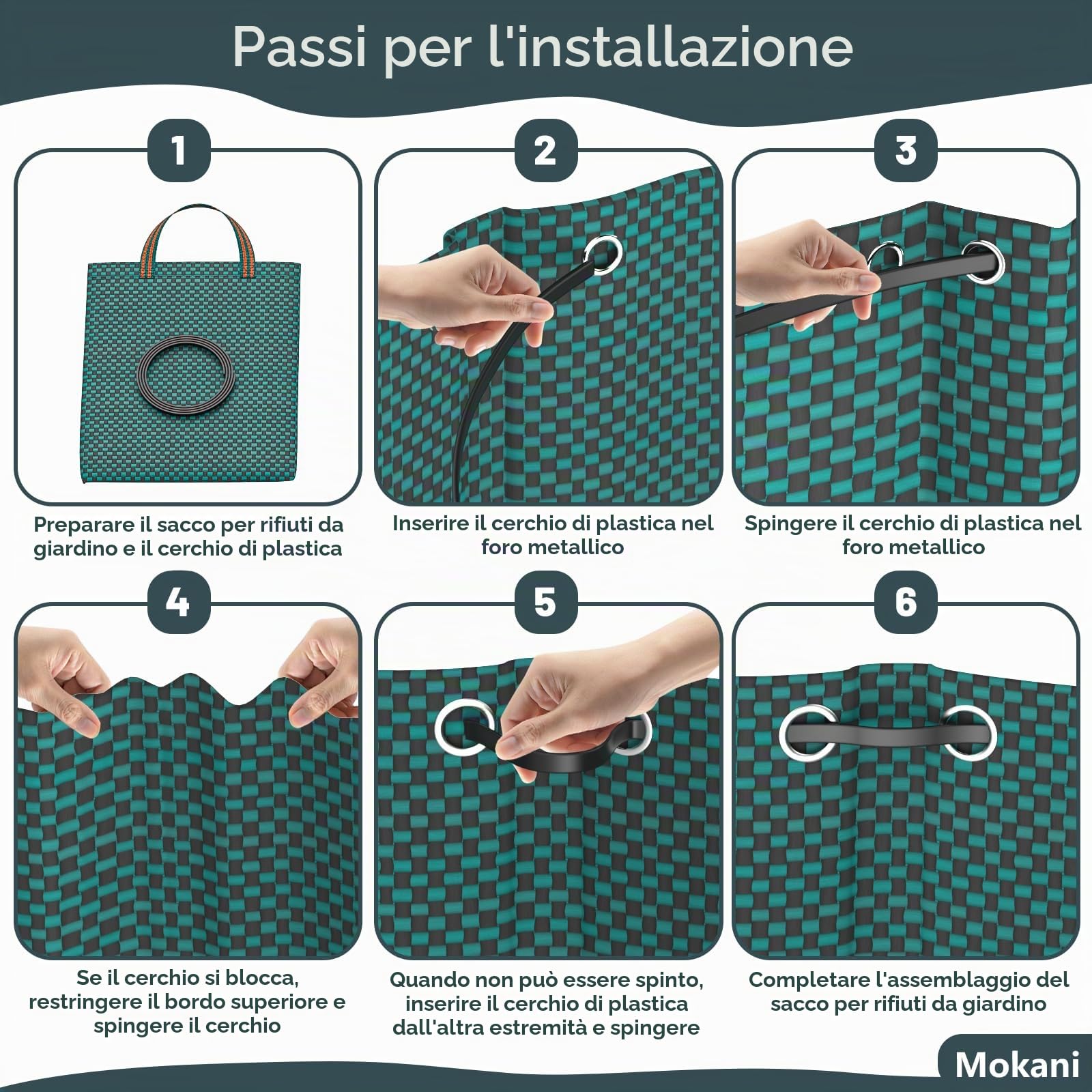 Mokani Sacchetti per rifiuti da giardino, resistenti, con manici, 300 l x 3 sacchi riutilizzabili da giardino, pieghevoli, sacchetti per riciclaggio da campeggio, per foglie, rifiuti, detriti e