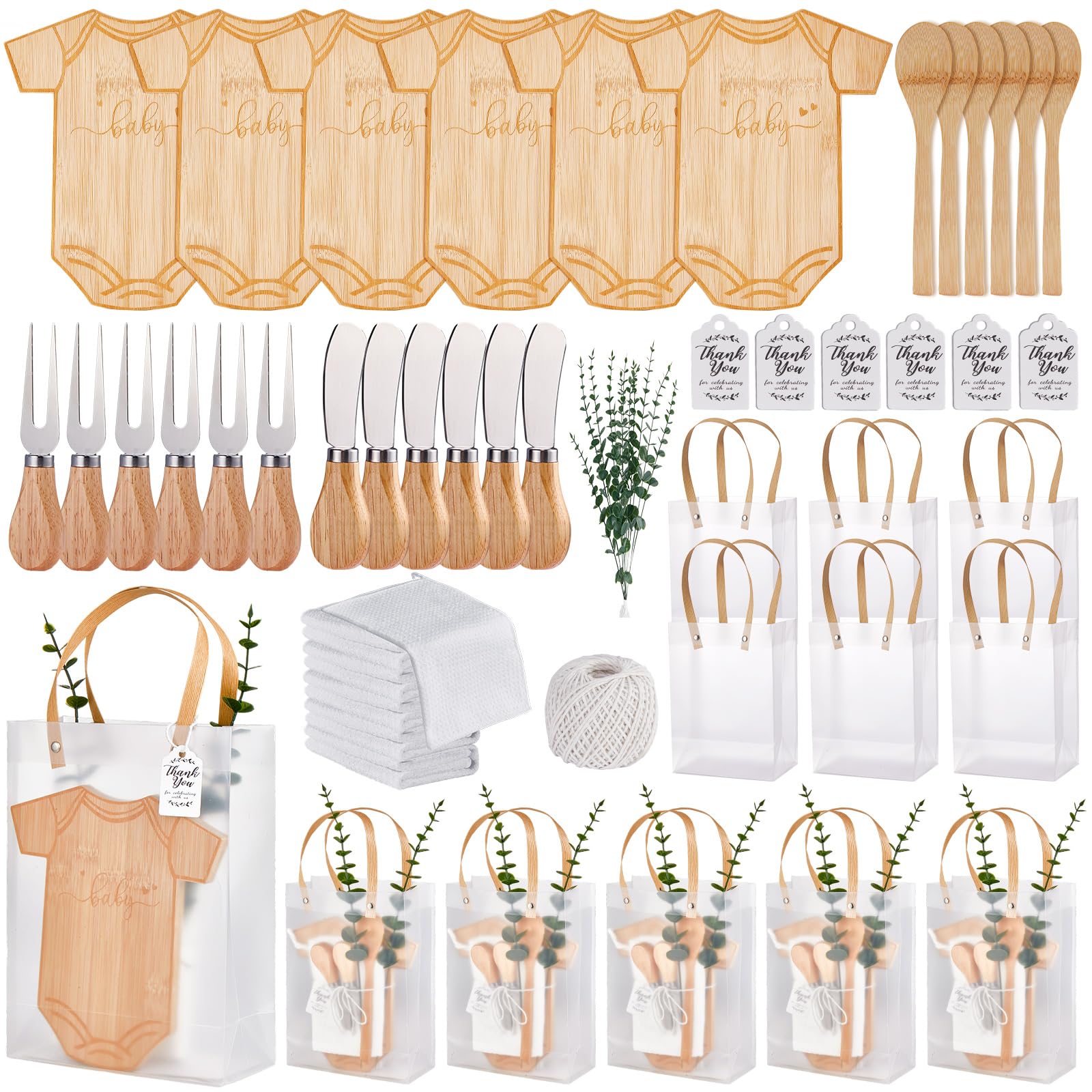 55 premios de baby shower para ganadores del juego, 6 juegos de tabla de queso en forma de body con cucharas, esparcidores de mantequilla, toallas de cocina, bolsas de regalo de novia, regalos de
