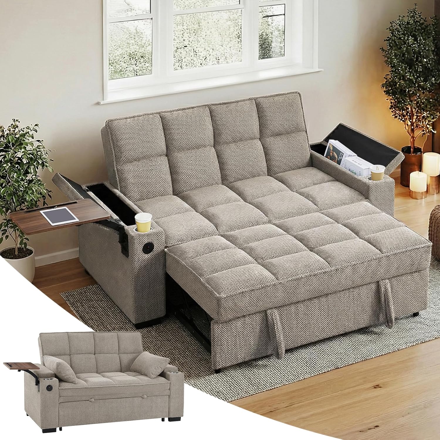 Yafylly 65'' 3-in-1 Sleeper Sofa Bed, Convertible Loveseat with Pull-Out Couch, USB & Type-C Ports, Side Table, Adjustable Backrest & Boucle Fabric Upholstery for Living Room & Office Khaki
