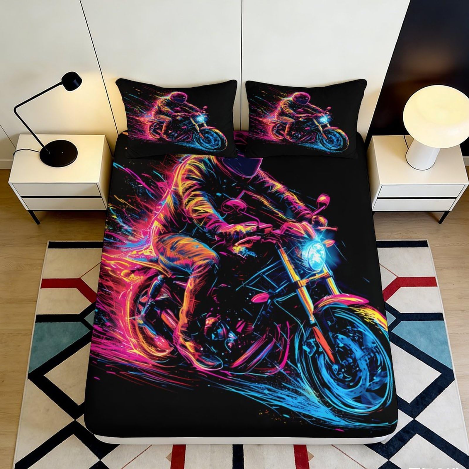 3D Printed Neon Motorcycle Fitted Sheet Microfiber Soft Breathable Vibrant Rider Bed Cover for Bedroom Dormitory Guest Room Mattress Protection 140x200x25cm
