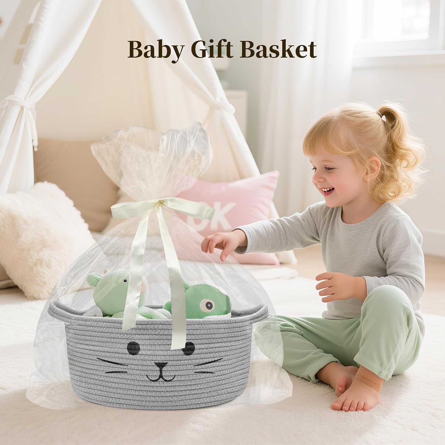 Large Cat Toy Basket - Gift Baskets Empty for Baby Shower Baby Baskets for Nursery Cute Woven Rope Storage Basket for Home Decor, Cat Pet toy box, Grey Easter basket, 13" D x 6" H, 1Pack