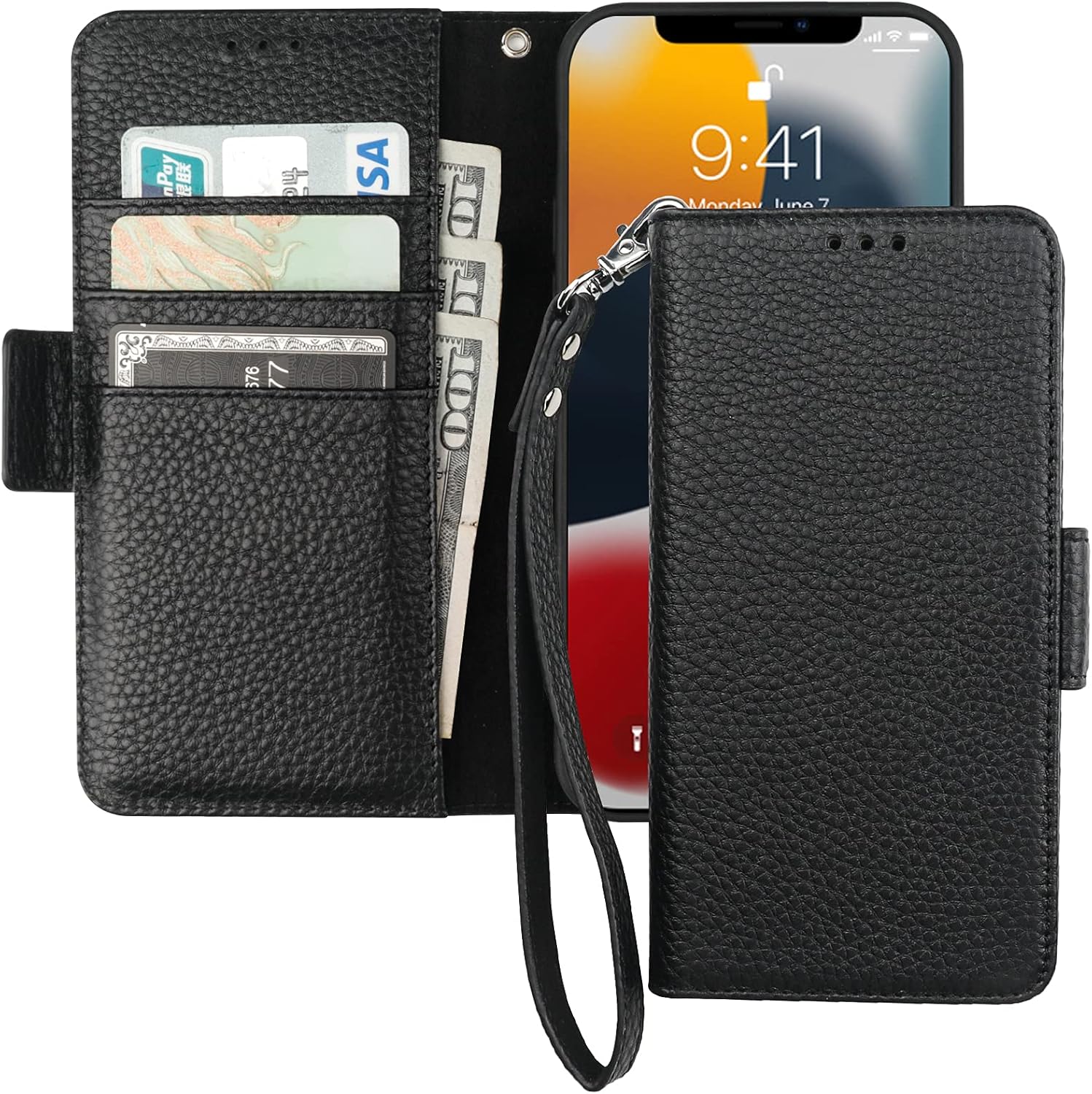 Bocasal Wallet Case for iPhone 13 5G, Genuine Leather Support Wireless Charging RFID Blocking Flip Case Card Slots Holder, Kickstand Book Folding Folio Cover with Wrist Strap 6.1 Inch(Black)